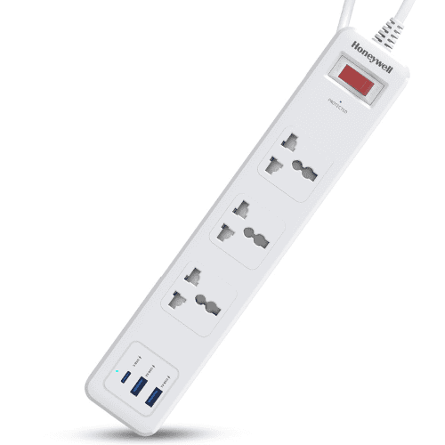 honeywell 3 out surge protector with master switch, spike guard extension board, 3 outlet, 1.8 meter cord, dsw-white