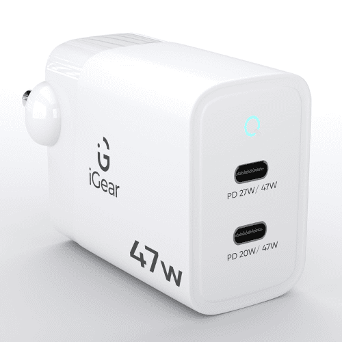 iGear Core 47 (W-003) 47W GaN Charger with Dual Type-C Ports, PD + PPS Adapter- White
