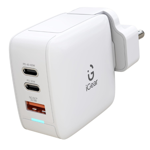 iGear Core 65 (W-004) 65W GaN Fast Charger, Type-C PD & QC 4.0+PPS Adapter, 2 x USB Type-C + 1 x USB A Port- White